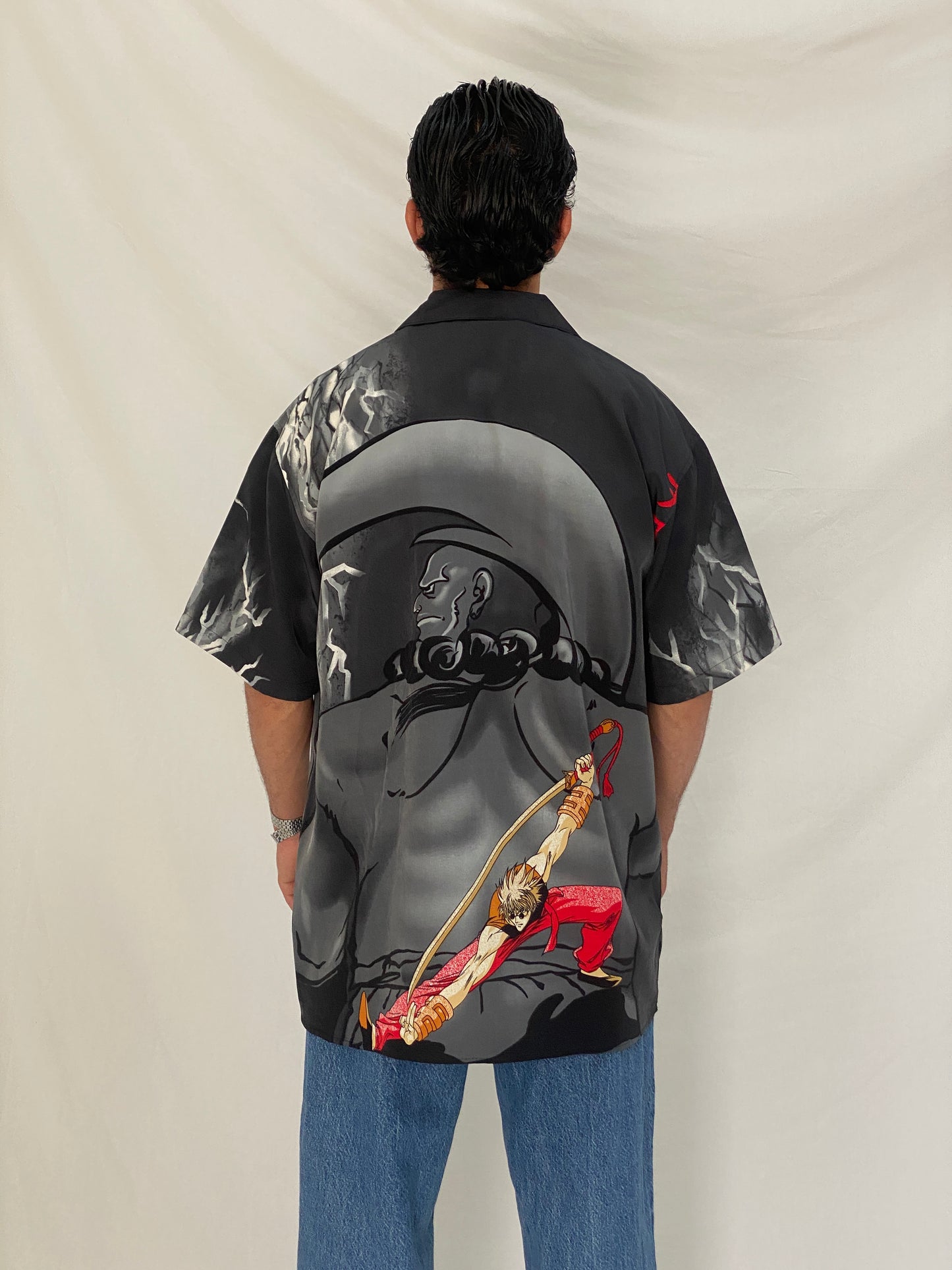 Vintage Y2K Million Guy Anime Graphic Button Up Shirt Black Grey Samurai Manga Shirt - M