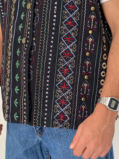 Vintage Tribal Embroidered Black Cotton Vest Oversized Boho Folk Waistcoat - L