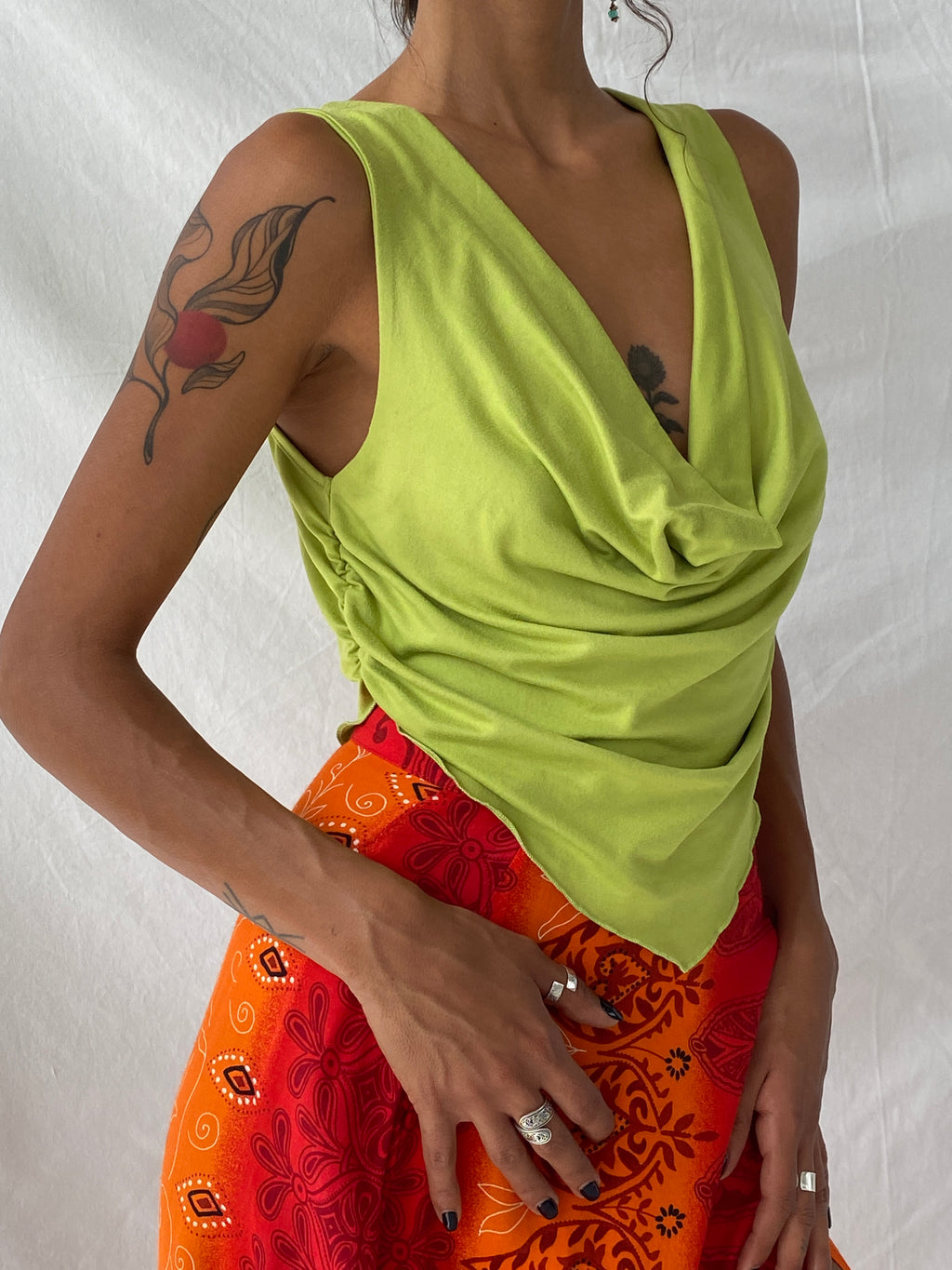 Y2K Lime Green Cowl Neck Ruched Sides Sleeveless Women’s Top - M