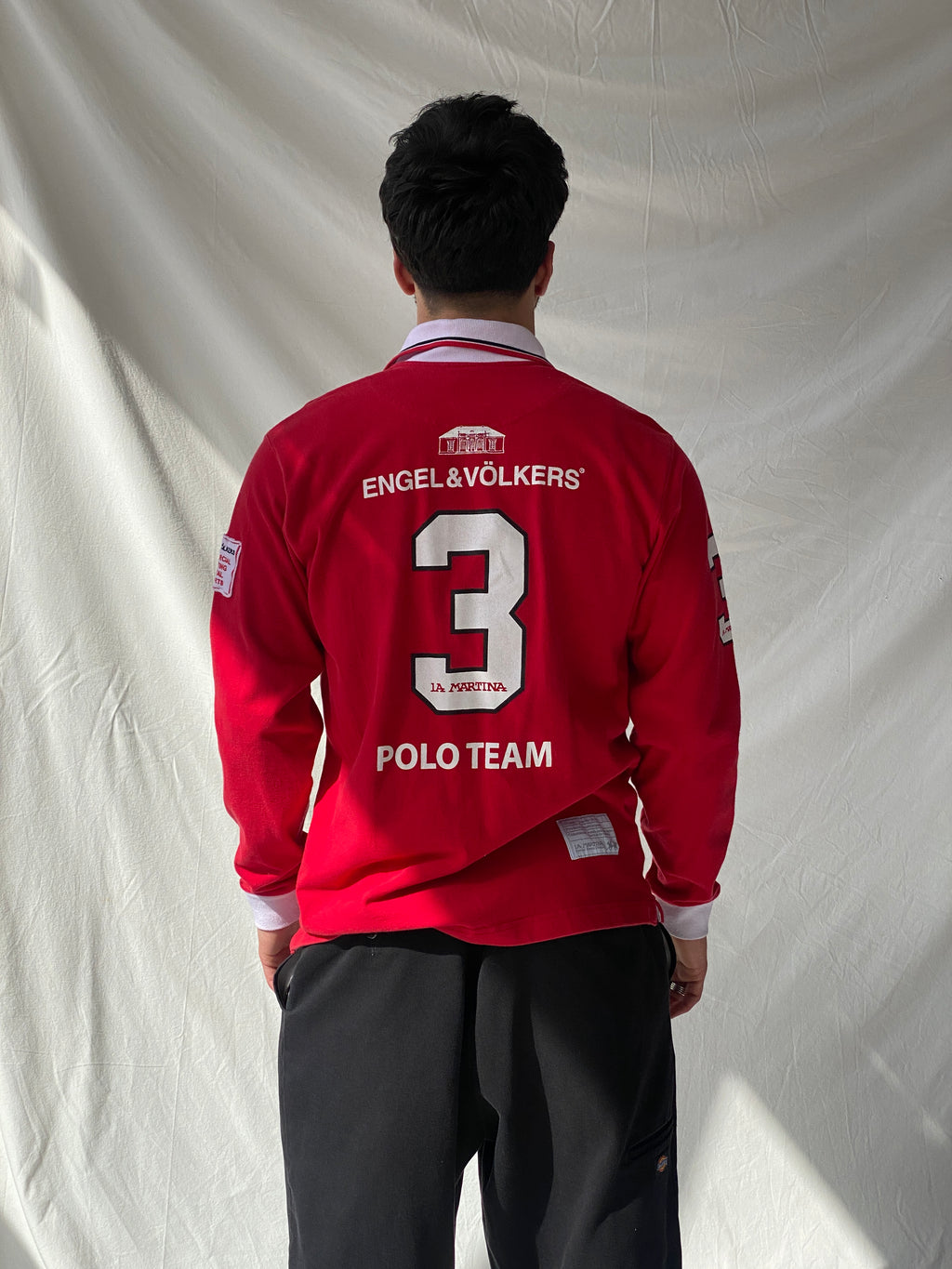 قميص بولو إنجل آند فولكرز 2012 بولو كاب أحمر بأكمام طويلة من القطن - مقاس متوسط