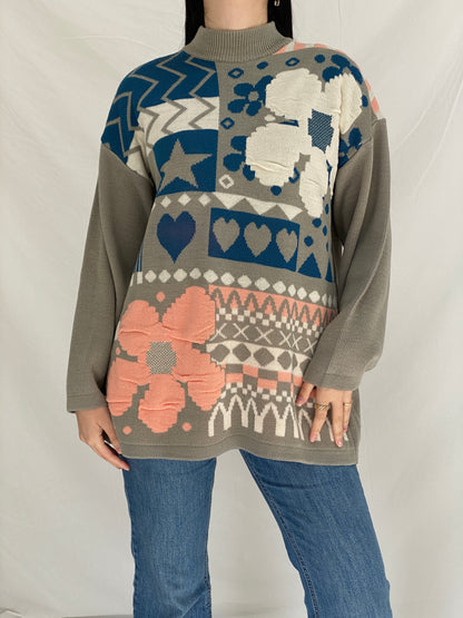 Vintage 90s Elegance EF Gray Knit Floral & Geometric Motifs Sweater - L
