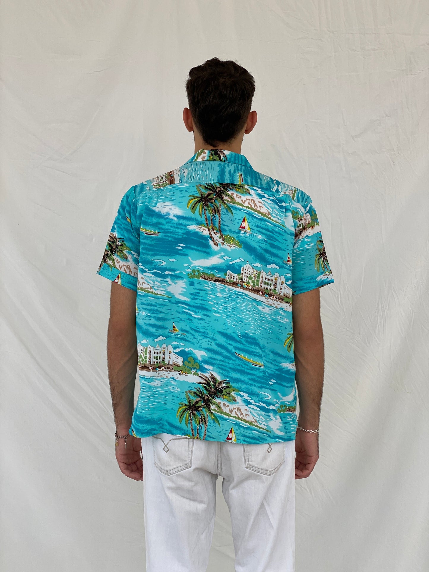 Vintage Romani Graphic Hawaiian Blue Beach Shirt - L