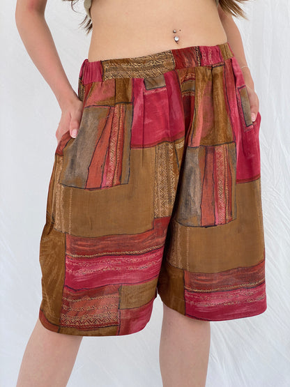 Vintage Boho-Style Handmade Red and Brown Knee Length Shorts - S