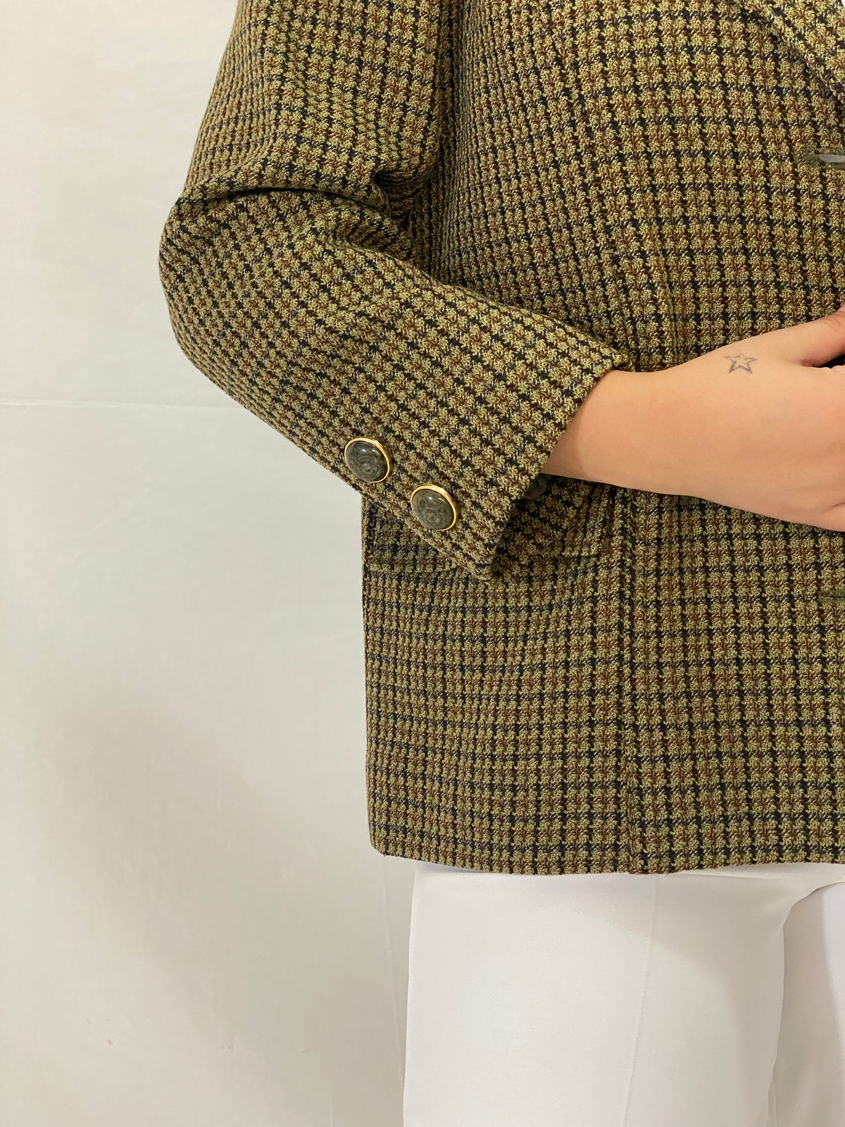 Vintage Alta Costura Olive Green Houndstooth Office Blazer - L Vintage Alta Costura Olive Green Houndstooth Office Blazer - L