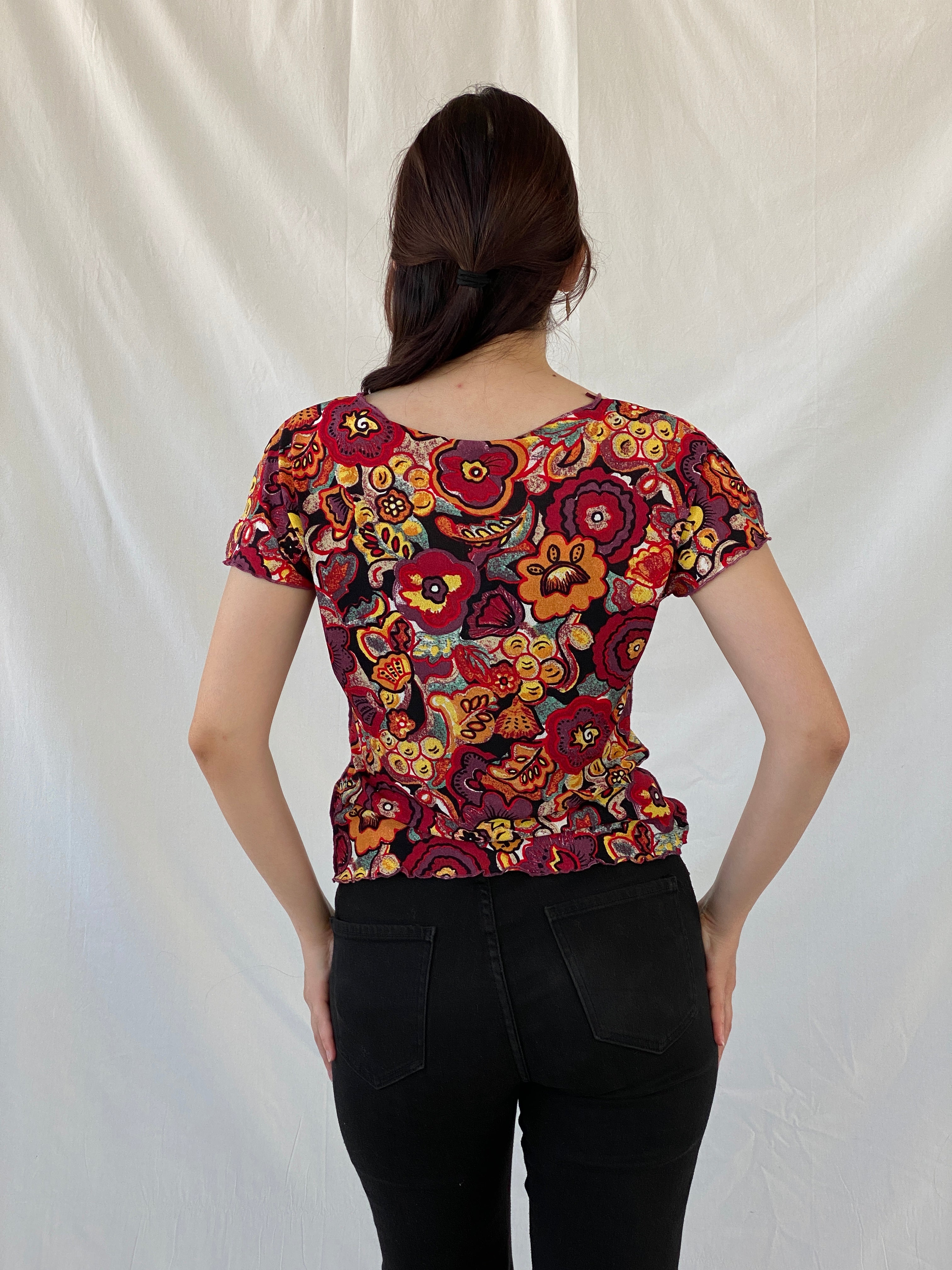 Vintage EMMA PERNELLE Groovy Floral Multicolor Mesh Top - XL