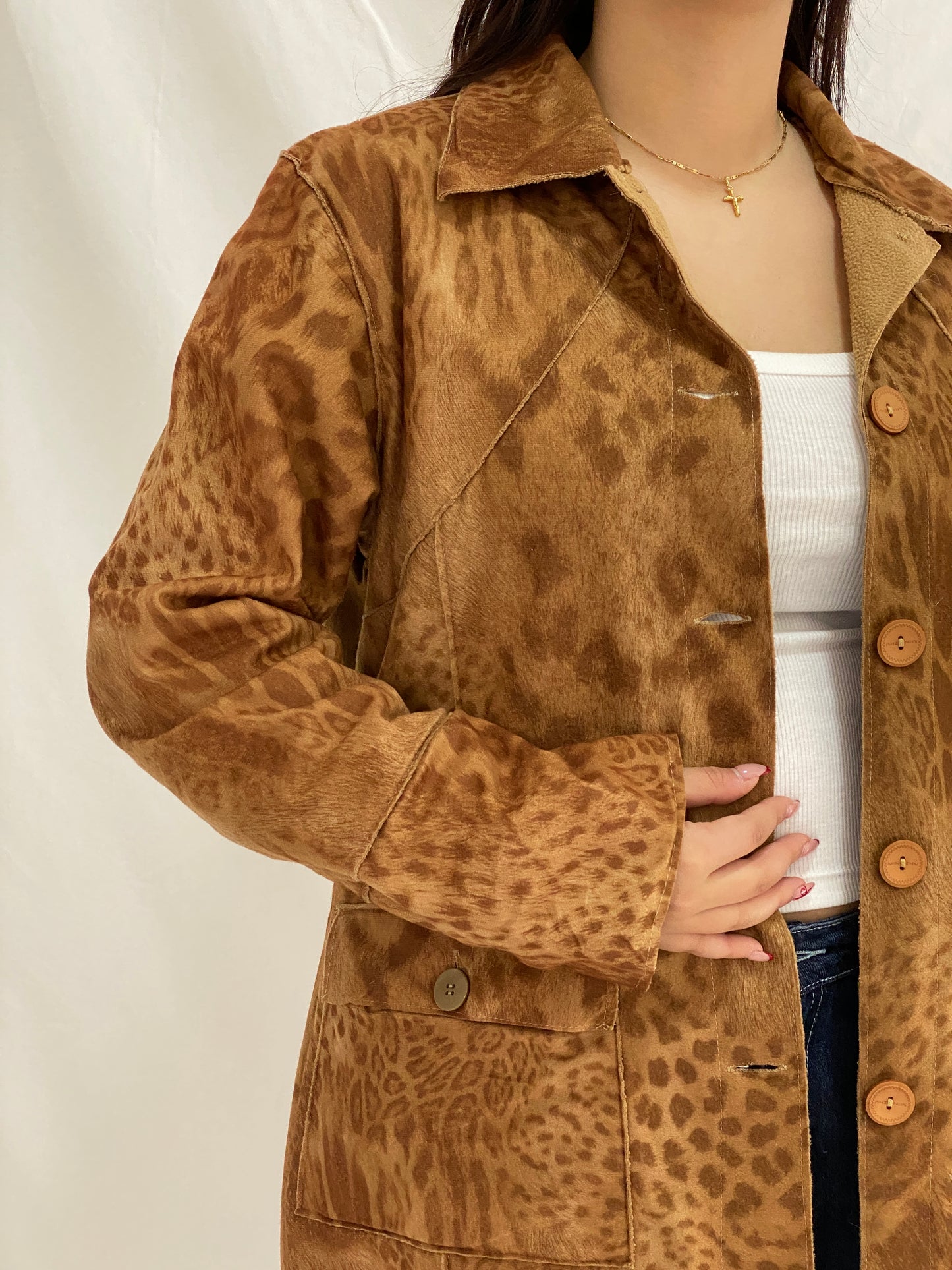 Vintage JIA YAO Leopard Print Faux Suede Longline Light Coat Button-Up Jacket – XL