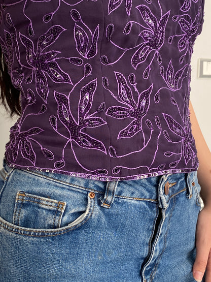 Vintage 90s SWING Purple Beaded Floral Evening Halter Top – M