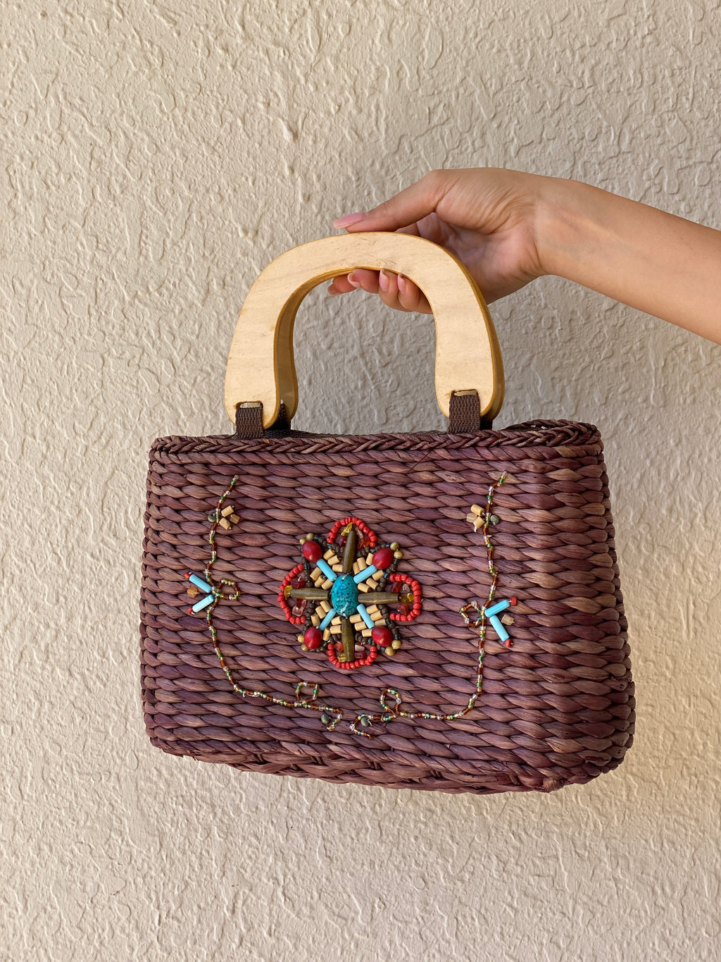 Vintage White Stag Beaded Boho Straw Purse Brown Wood Handle Y2K Brown turquoise Handbag