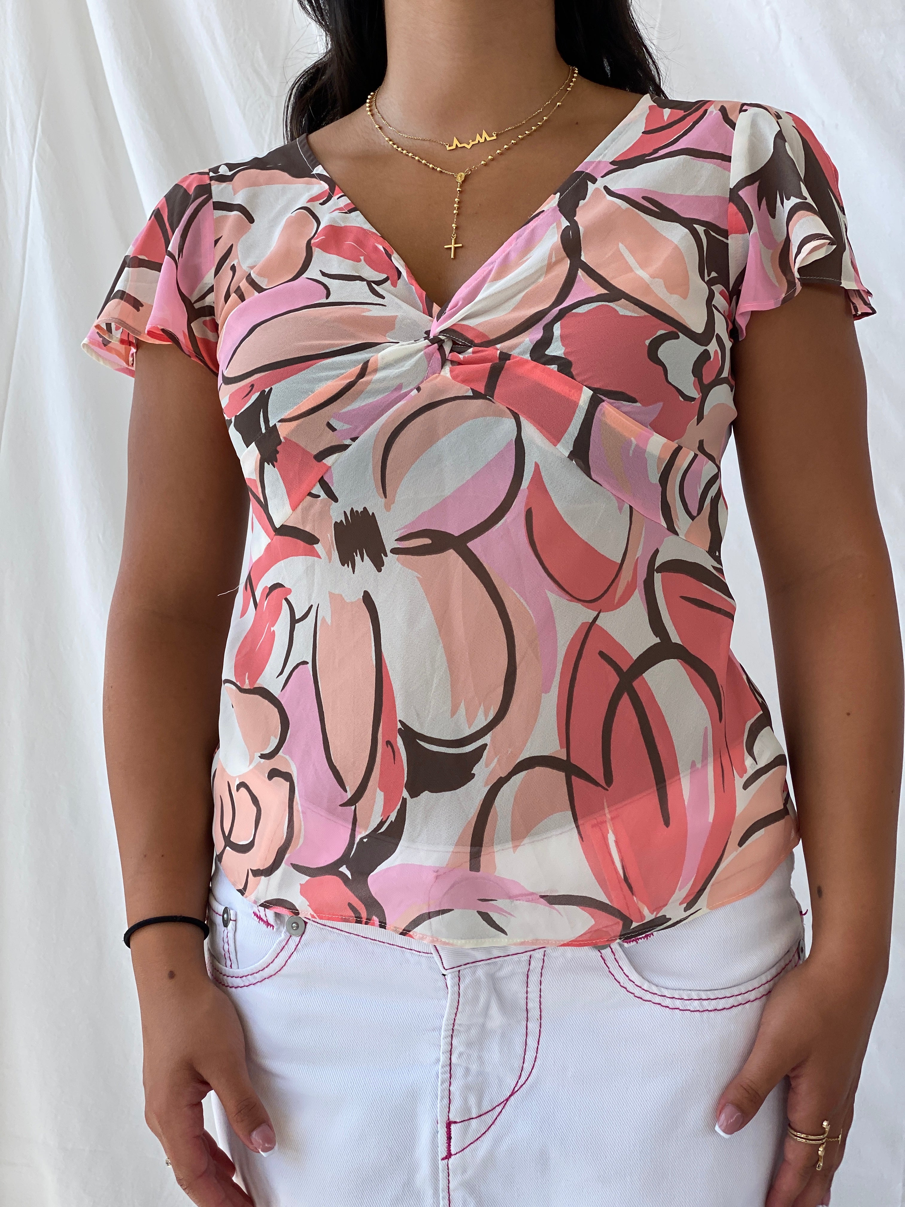 New York & Company Sheer Floral Pink and Brown Bustier Top - S