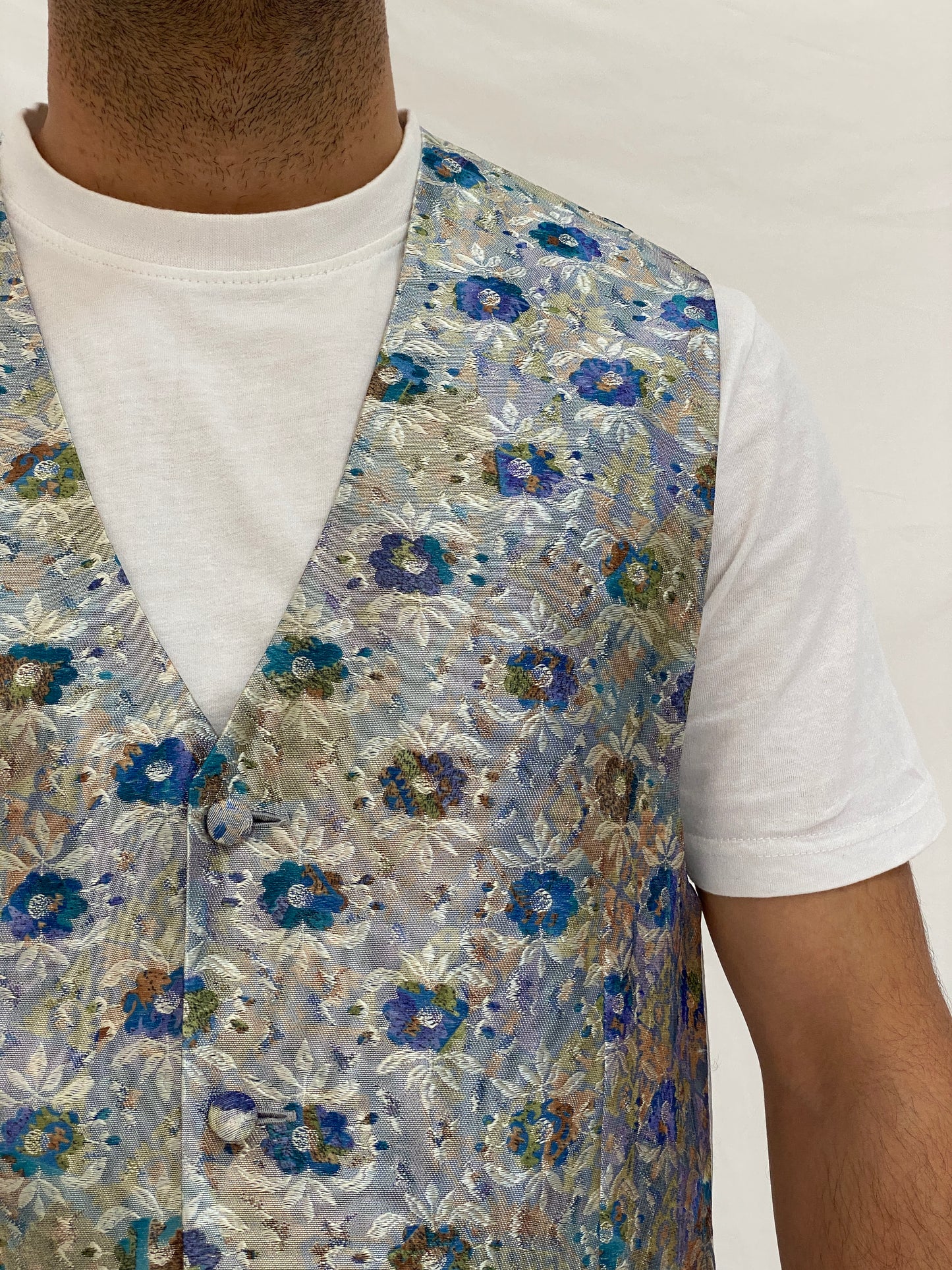 Vintage Anne Surkamp-Kramer Floral Vest Silver Blue Metallic Waistcoat Vest - M