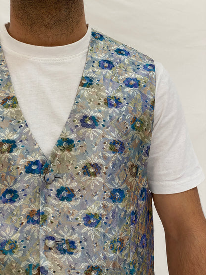 Vintage Anne Surkamp-Kramer Floral Vest Silver Blue Metallic Waistcoat Vest - M