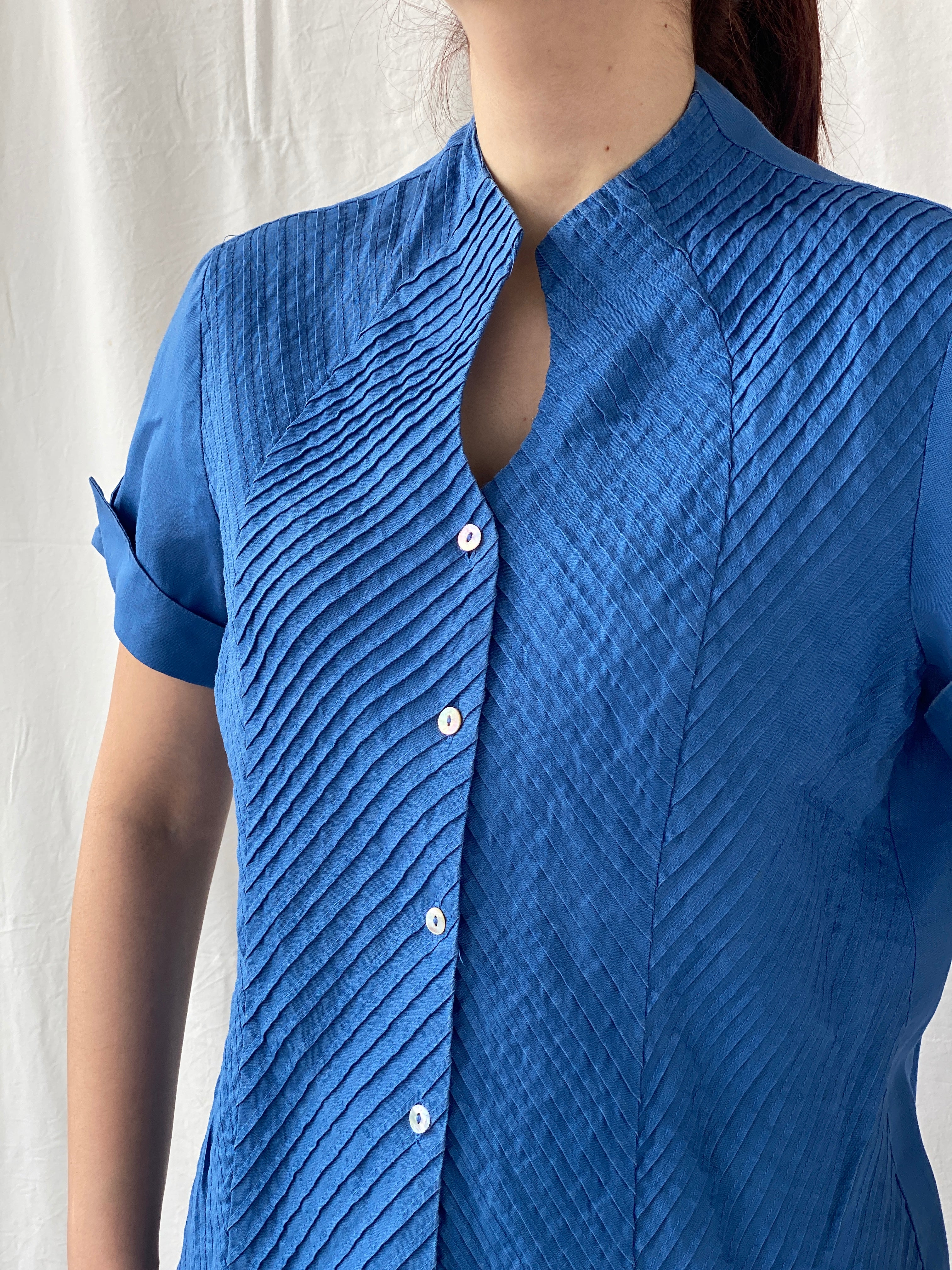 Beautiful Appraisal Blue Ramie Women’s Short Sleeve Buttoned Structured Shirt - L