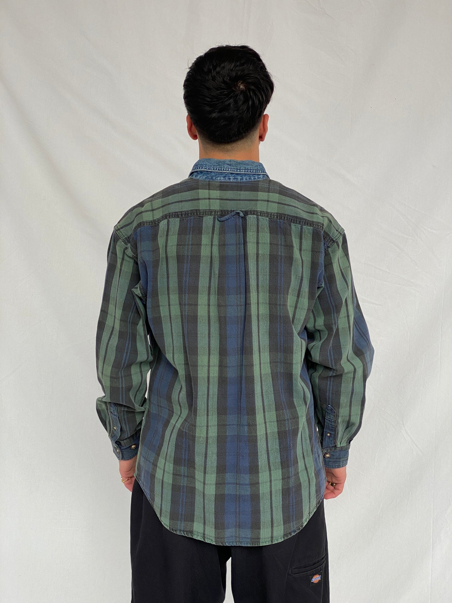 Vintage 90's American Eagle Mens Plaid Blue Green Button Up Shirt Denim Collar - M