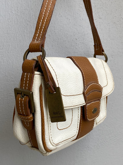 Vintage Y2K Mango Cream & Tan Leather Shoulder Bag Contrast Stitch Flap Mini Bag