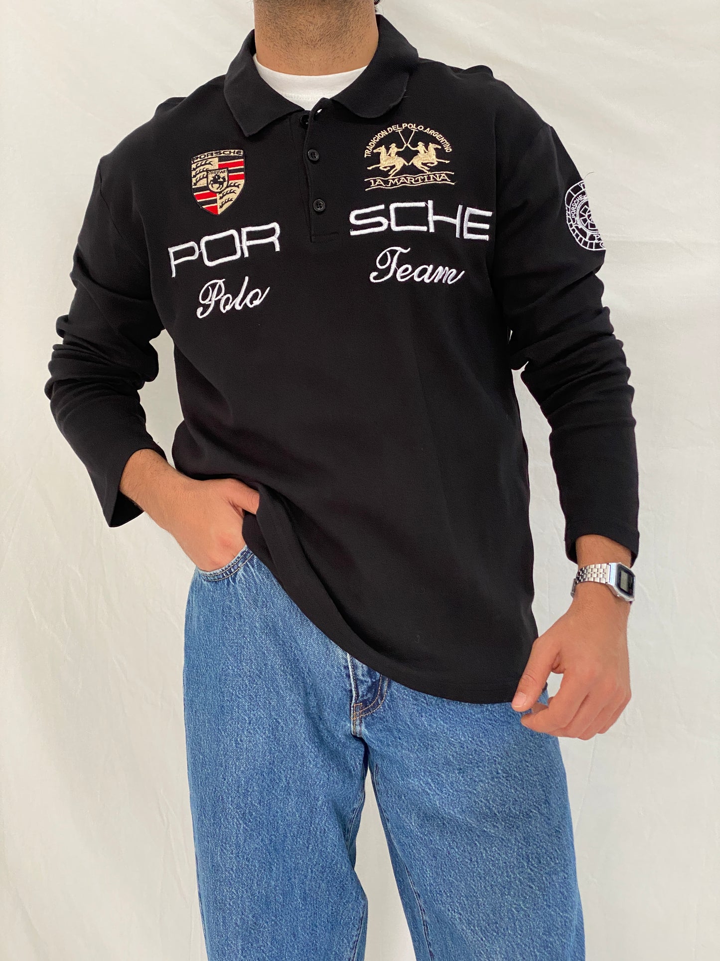 Vintage La Martina Porsche Team Rugby Polo Black Embroidered Long Sleeve Racing Shirt - L