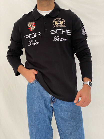 Vintage La Martina Porsche Team Rugby Polo Black Embroidered Long Sleeve Racing Shirt - L