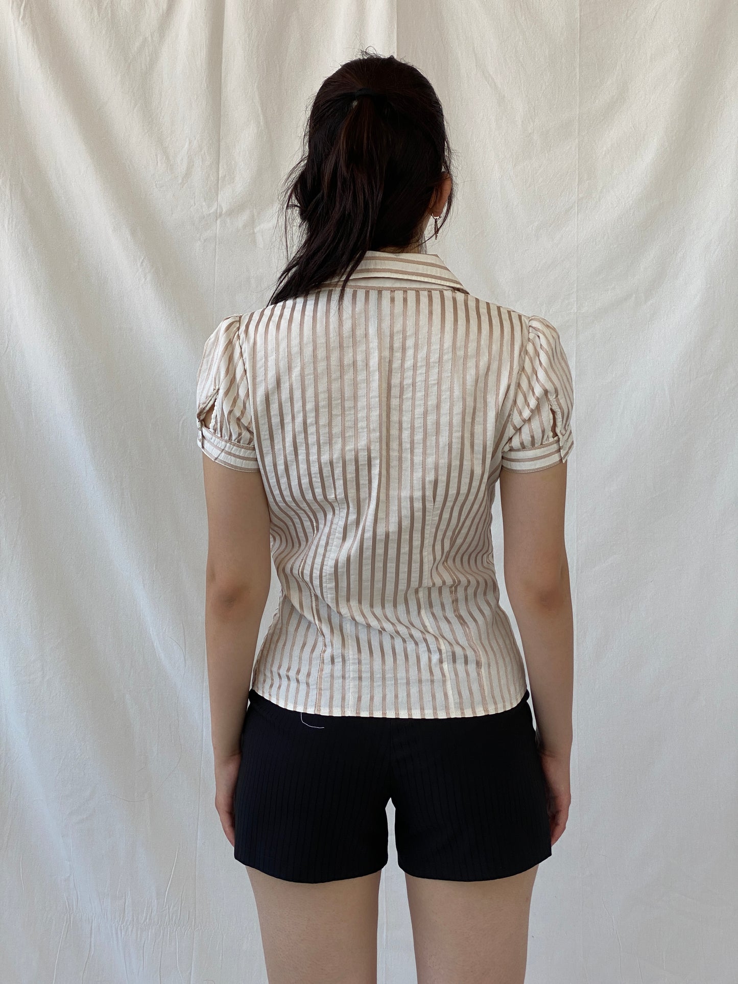 Vintage Y2K Naf Naf Beige White Gold Stitching Striped Officecore Shirt - M