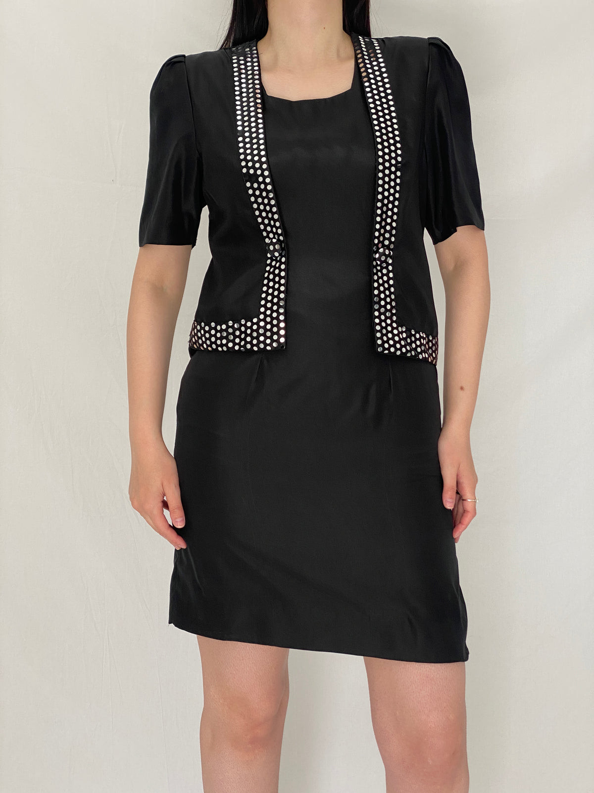 Vintage 90s Black Minimalist Shift Dress with Polka Dot Trim Detail - S Vintage 90s Black Minimalist Shift Dress with Polka Dot Trim Detail - S