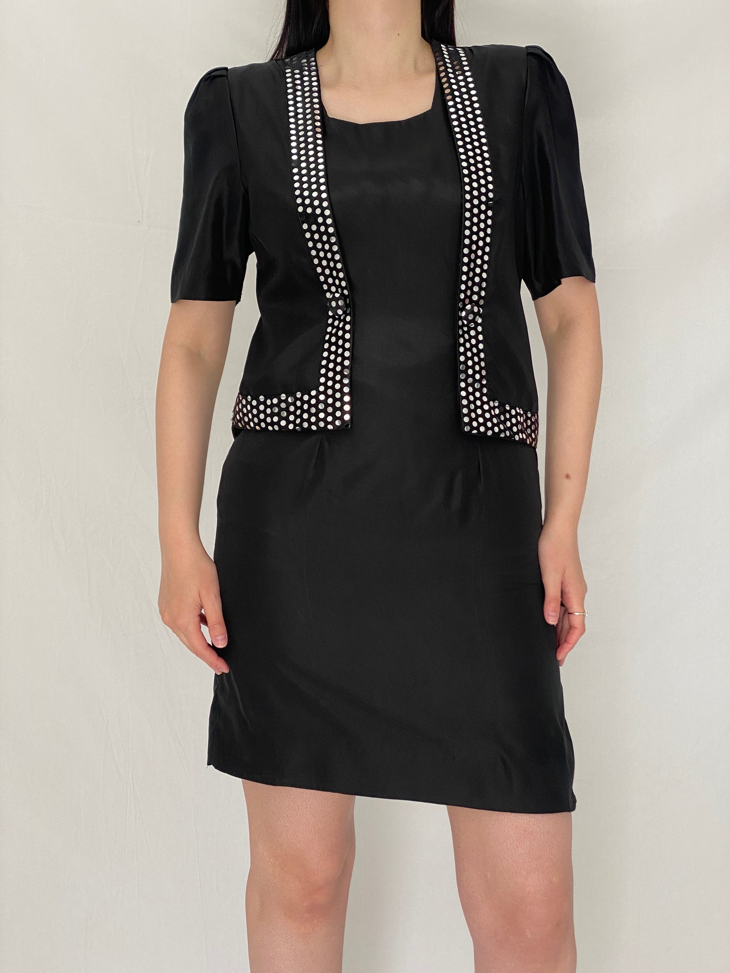 Vintage 90s Black Minimalist Shift Dress with Polka Dot Trim Detail - S
