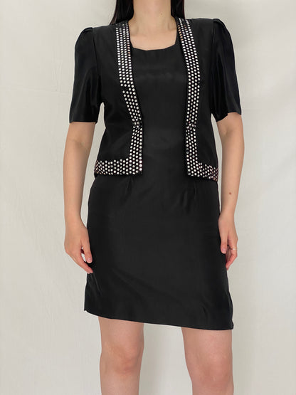 Vintage 90s Black Minimalist Shift Dress with Polka Dot Trim Detail - S