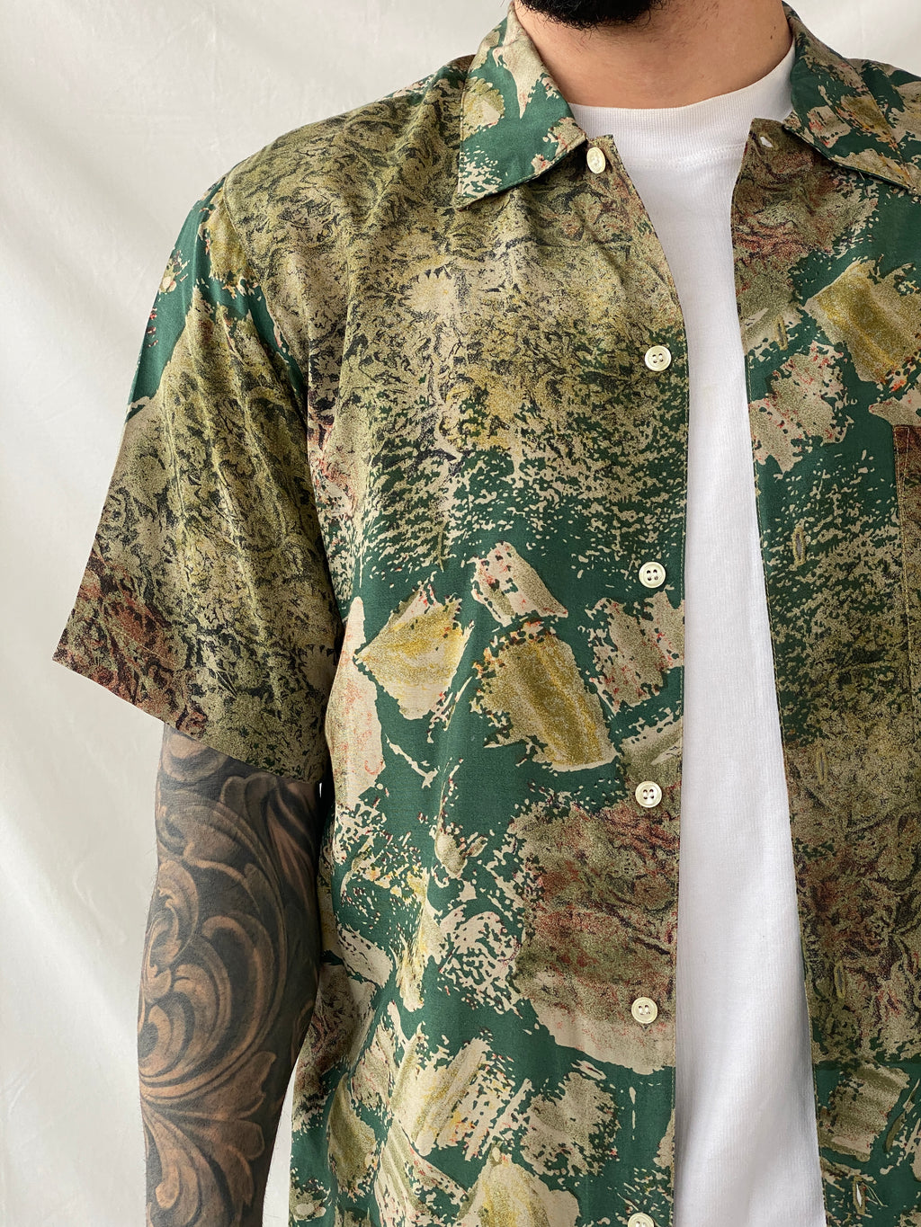 Vintage 90s Oleg Cassini Green Half Sleeve Men‘s Shirt - M