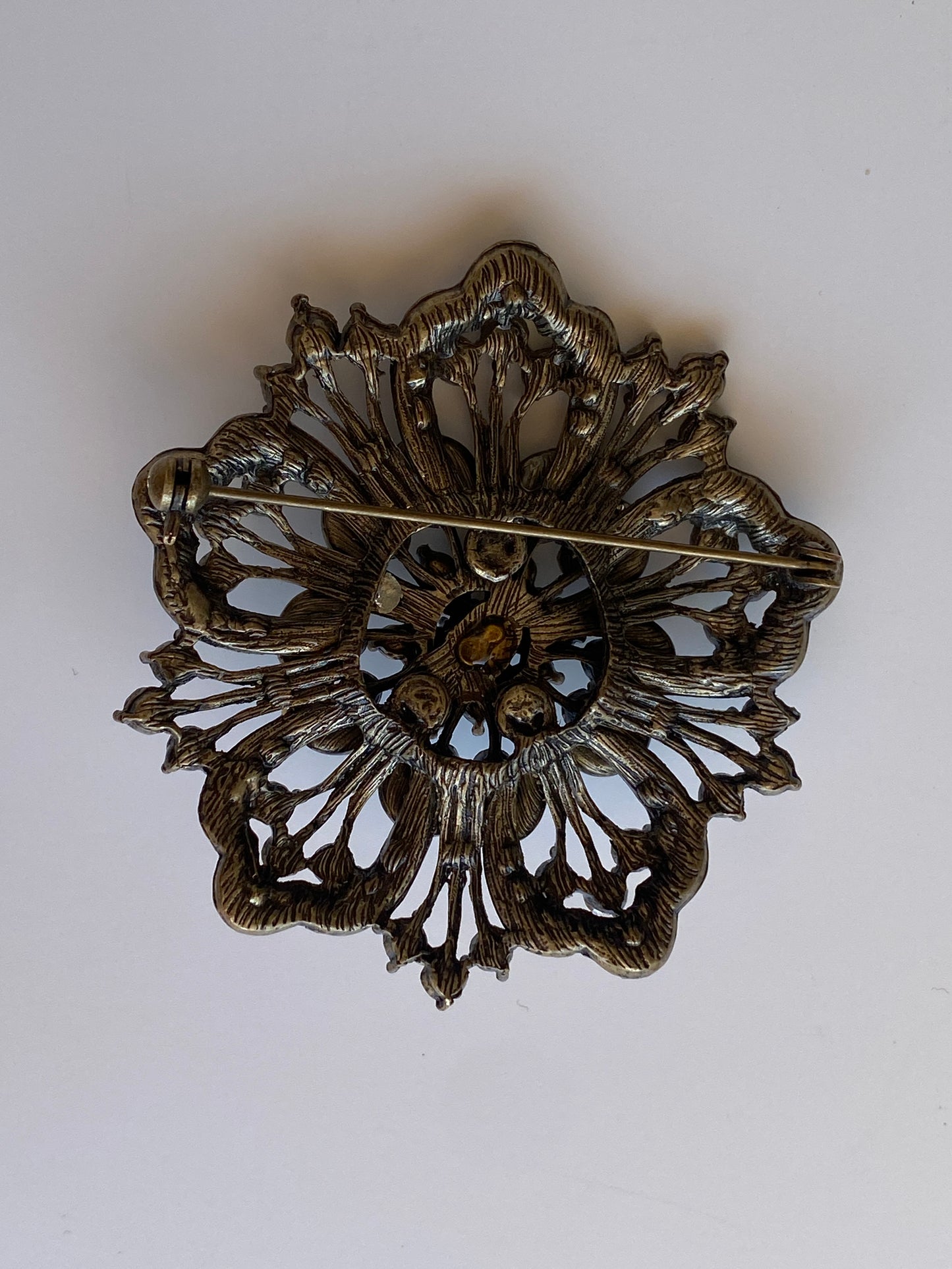 Vintage Aurora Borealis Rhinestone Bronze Floral Statement Brooch