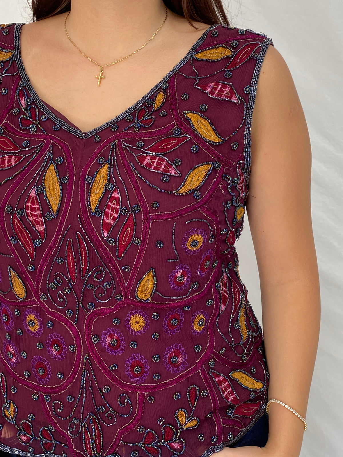 Vintage Beaded Embroidered Burgundy Handmade Evening Top - L Vintage Beaded Embroidered Burgundy Handmade Evening Top - L