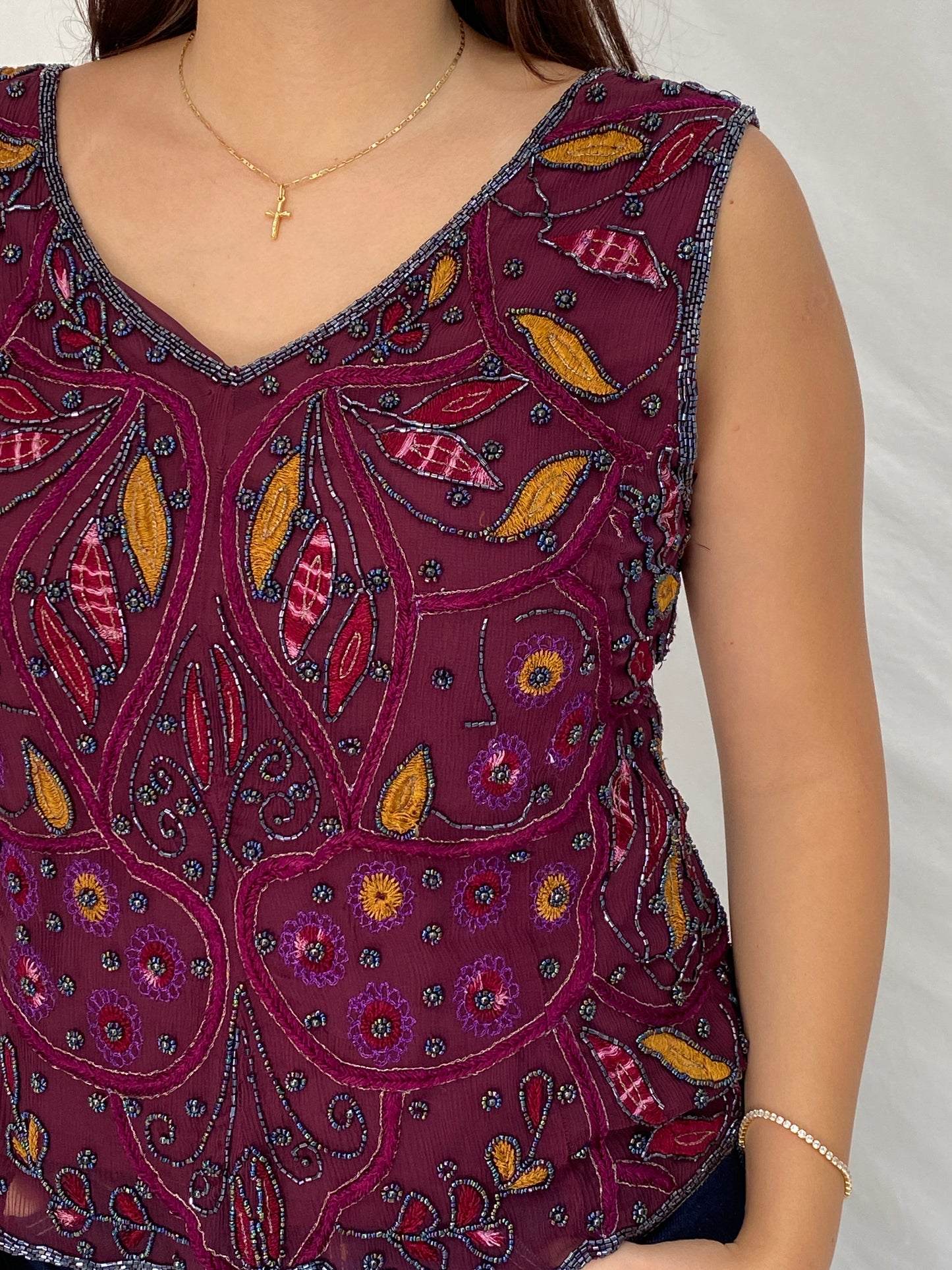 Vintage Beaded Embroidered Burgundy Handmade Evening Top - L