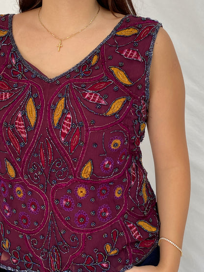Vintage Beaded Embroidered Burgundy Handmade Evening Top - L