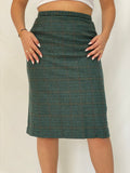 Vintage Handmade Green Plaid Houndstooth Pencil Skirt Classic Knee-Length Skirt - M