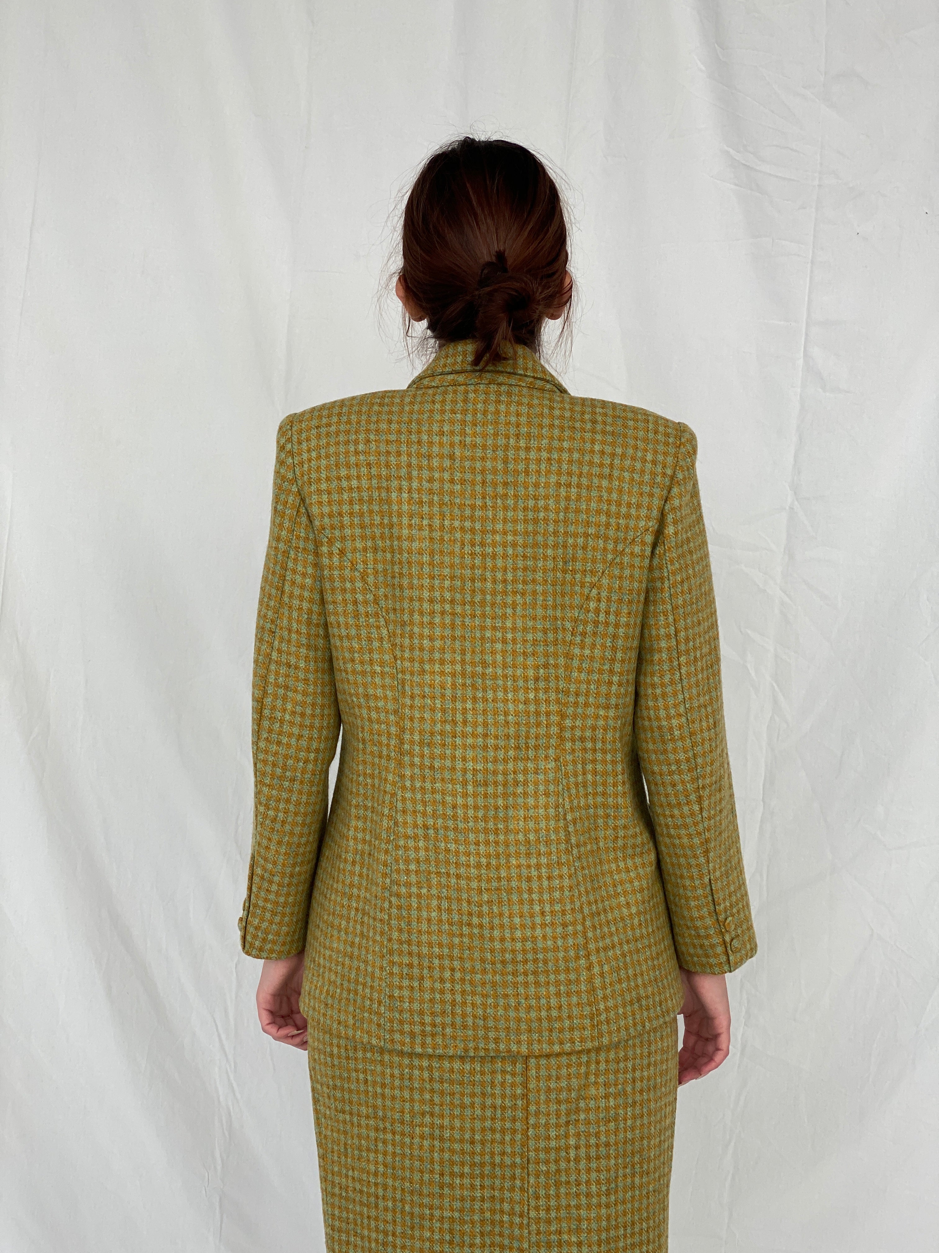 Vintage Handmade Checkered Yellow & Green Wool Blend Blazer Skirt Set - M