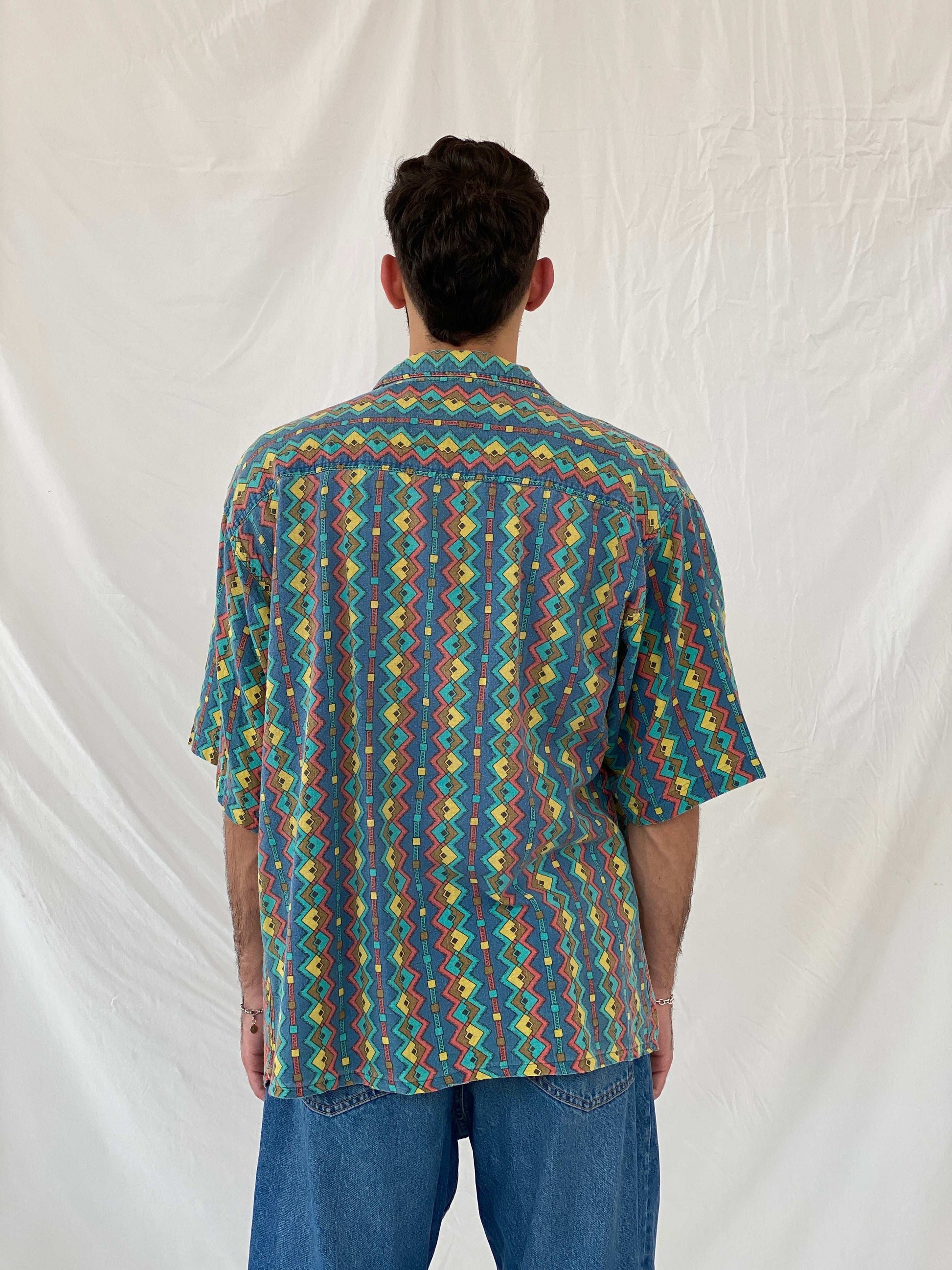 Vintage 80s Pier Connection Geometric Multi-Colored Shirt Size XL - Balagan Vintage Half Sleeve Shirt 80s, Awsam, half sleeve shirt, mens shirt, NEW IN, printed shirt