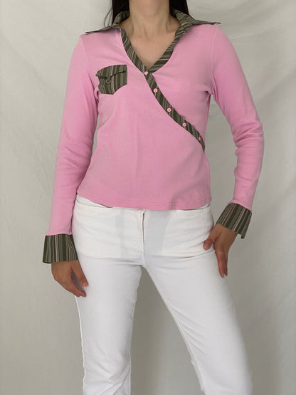 Vintage Y2K Kiabi Woman Baby Pink Cotton Wrap Style School Girl Top - L