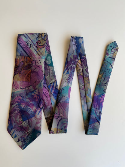 Vintage 1990s Purple Teal Abstract Floral Polyester Wide Necktie