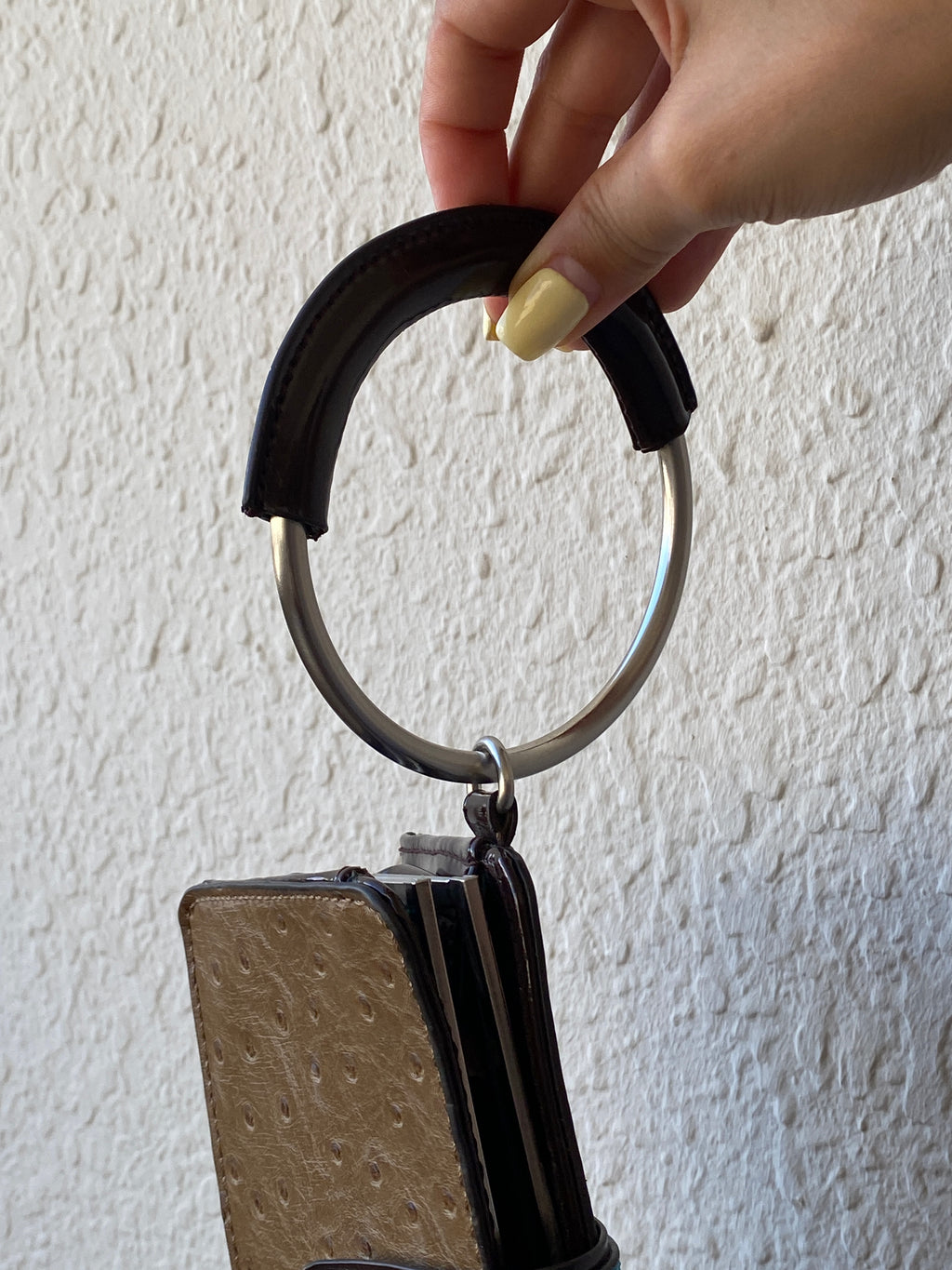 The Limited Ostrich-Embossed Clutch Bag – Tan & Turquoise with Metal Handle