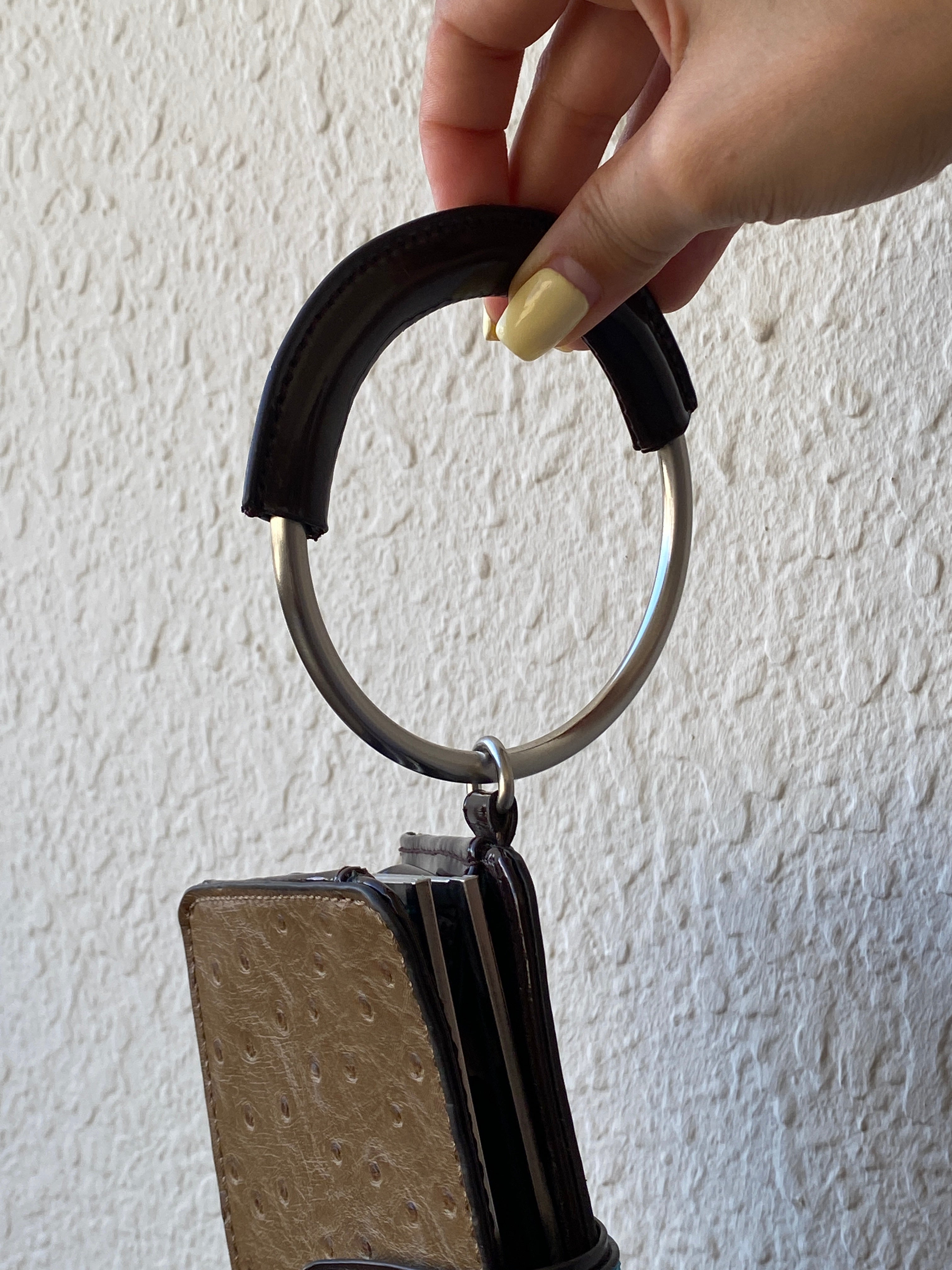 The Limited Ostrich-Embossed Clutch Bag – Tan & Turquoise with Metal Handle