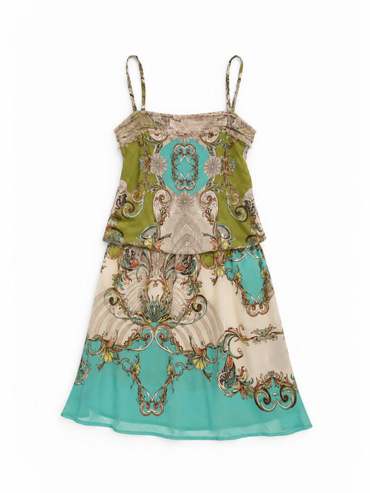 Y2K Rina Scimento Green Baroque Print Lace Trim Mini Dress – S