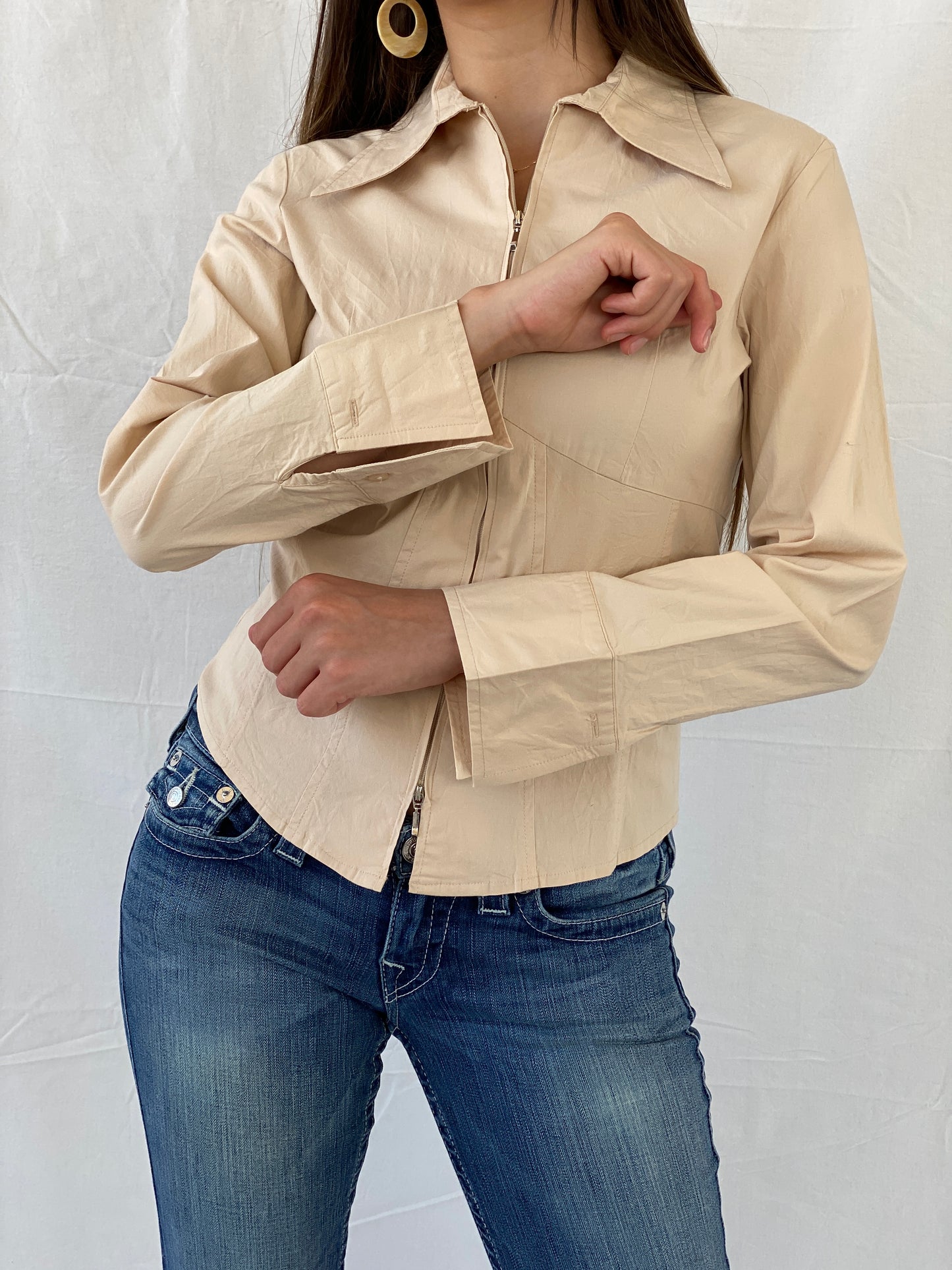 Y2K Lamie Beige Structured Office Core Zip Up Full Sleeve Shirt - M