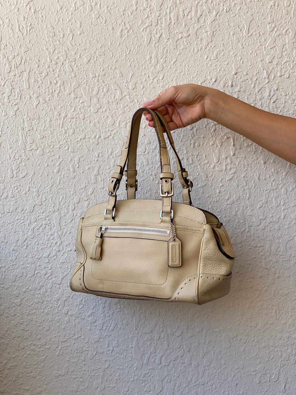 Authentic Coach Hampton Satchel Cream Leather Shoulder Bag