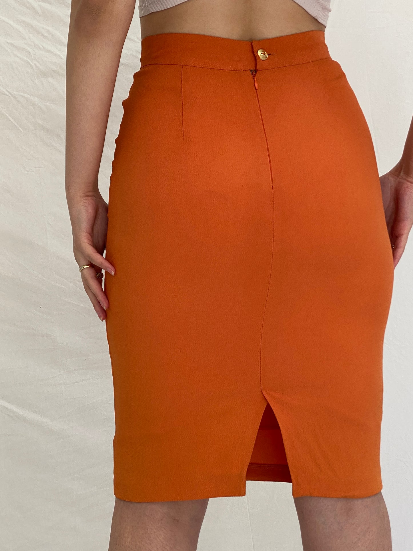 Statement Vintage Luigi Bruno Italian Orange Skirt Suit Set Tailored Blazer & Pencil Skirt - S