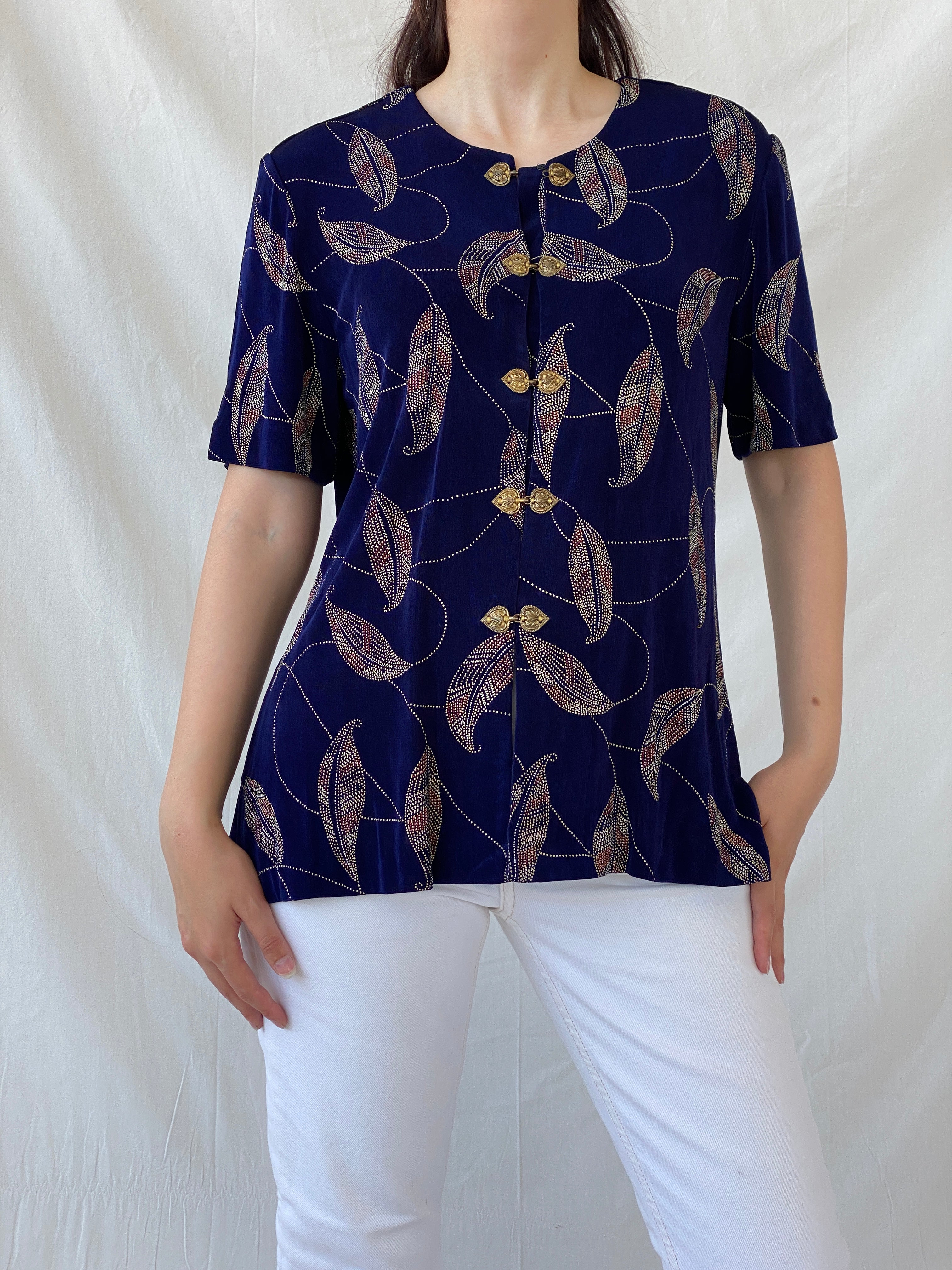 Vintage Navy Blue Gold Leaf Print Cardigan Blouse with Ornate Bronze Clasp Closures - L