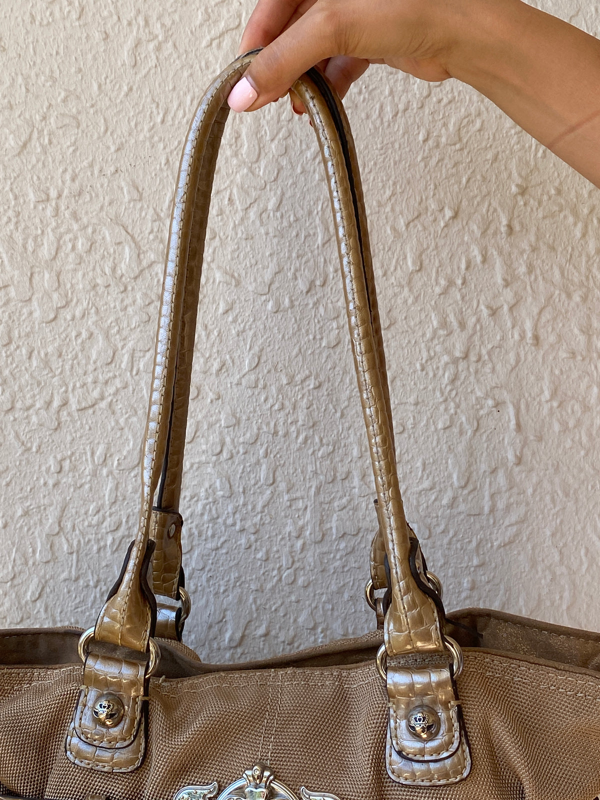 Vintage Y2K Kathy Van Zeeland Tan Canvas & Faux Croc Shoulder Tote Bag Vintage Y2K Kathy Van Zeeland Tan Canvas & Faux Croc Shoulder Tote Bag