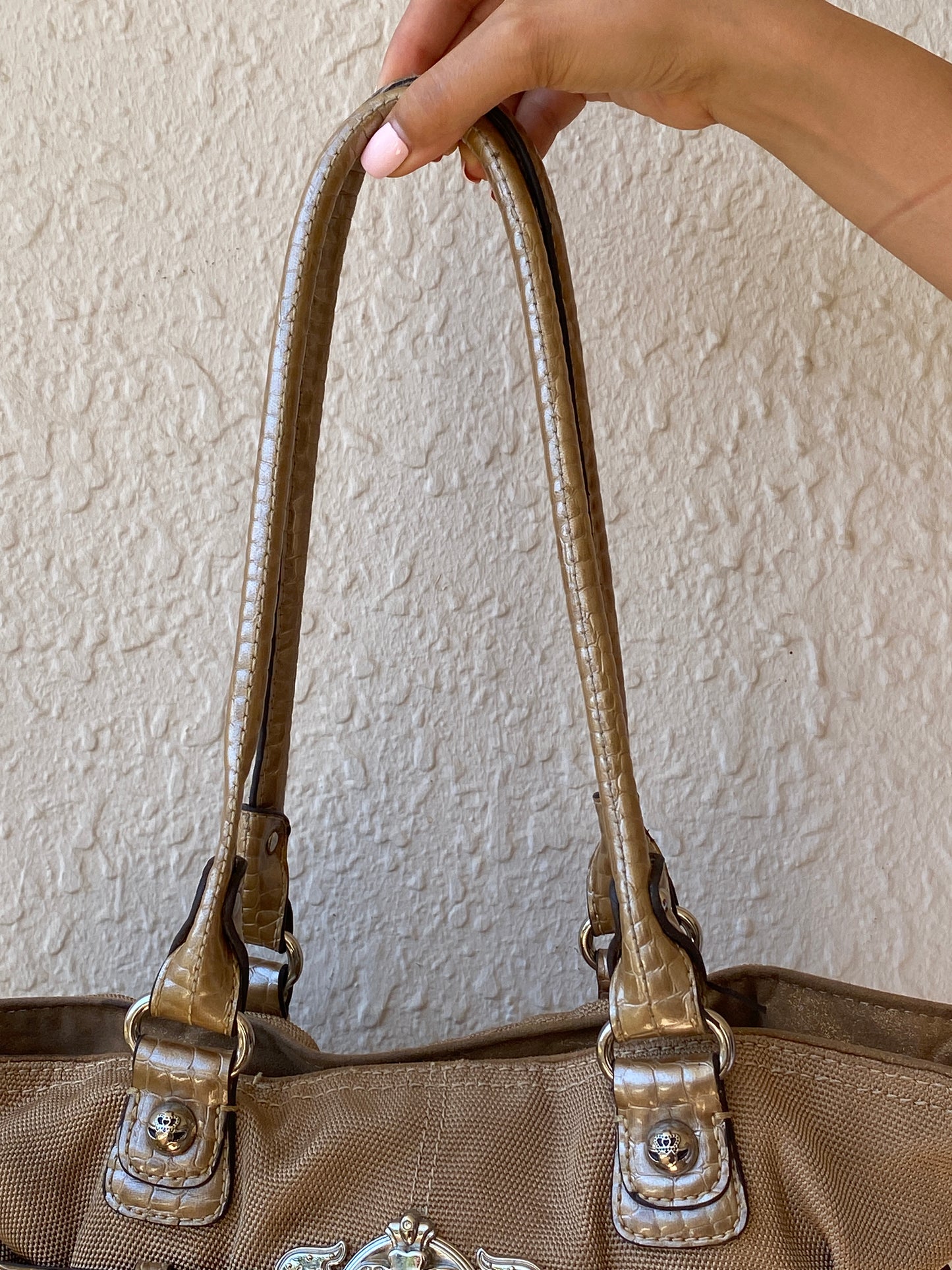Vintage Y2K Kathy Van Zeeland Tan Canvas & Faux Croc Shoulder Tote Bag