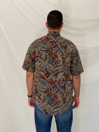 Vintage Bachrach Abstract Short Sleeve Olive Cotton Blend Shirt – L