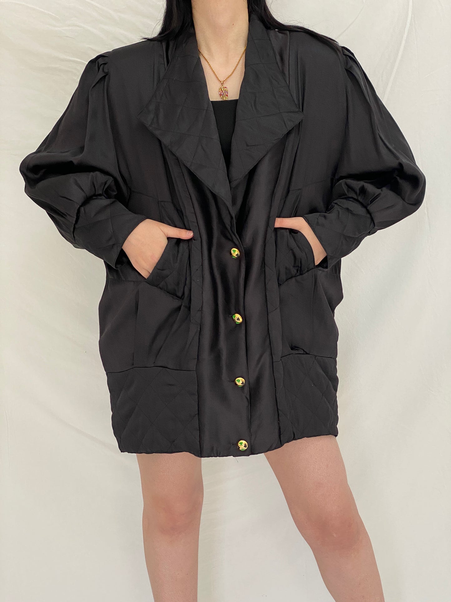 Vintage Black Quilted Puffer Oversized Fit Jacket with Gold Buttons - L