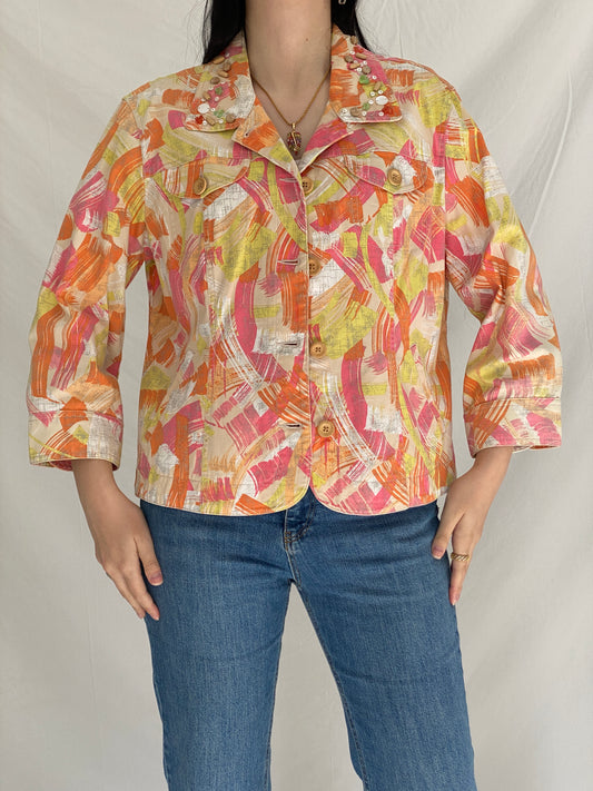 Vintage Ruby Rd Abstract Print Embellished Denim Jacket - L