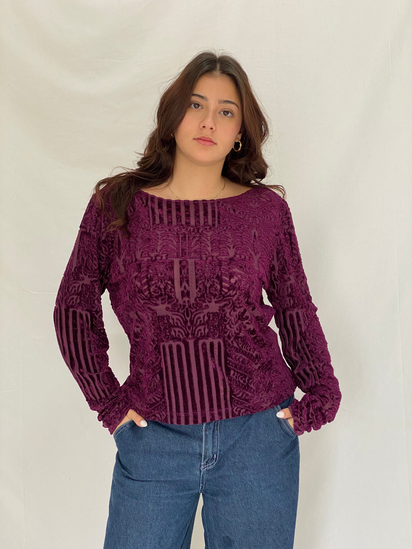 Vintage Wallis Purple Burnout Velvet Sheer Long Sleeve Top - XL
