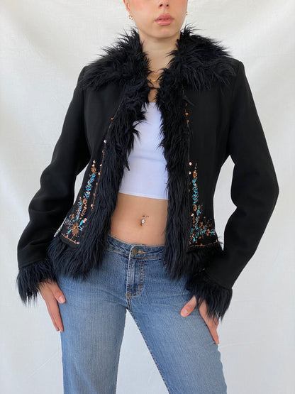 Vintage Favori Sequin Embroidered Faux Fur Afghan Black Jacket - M