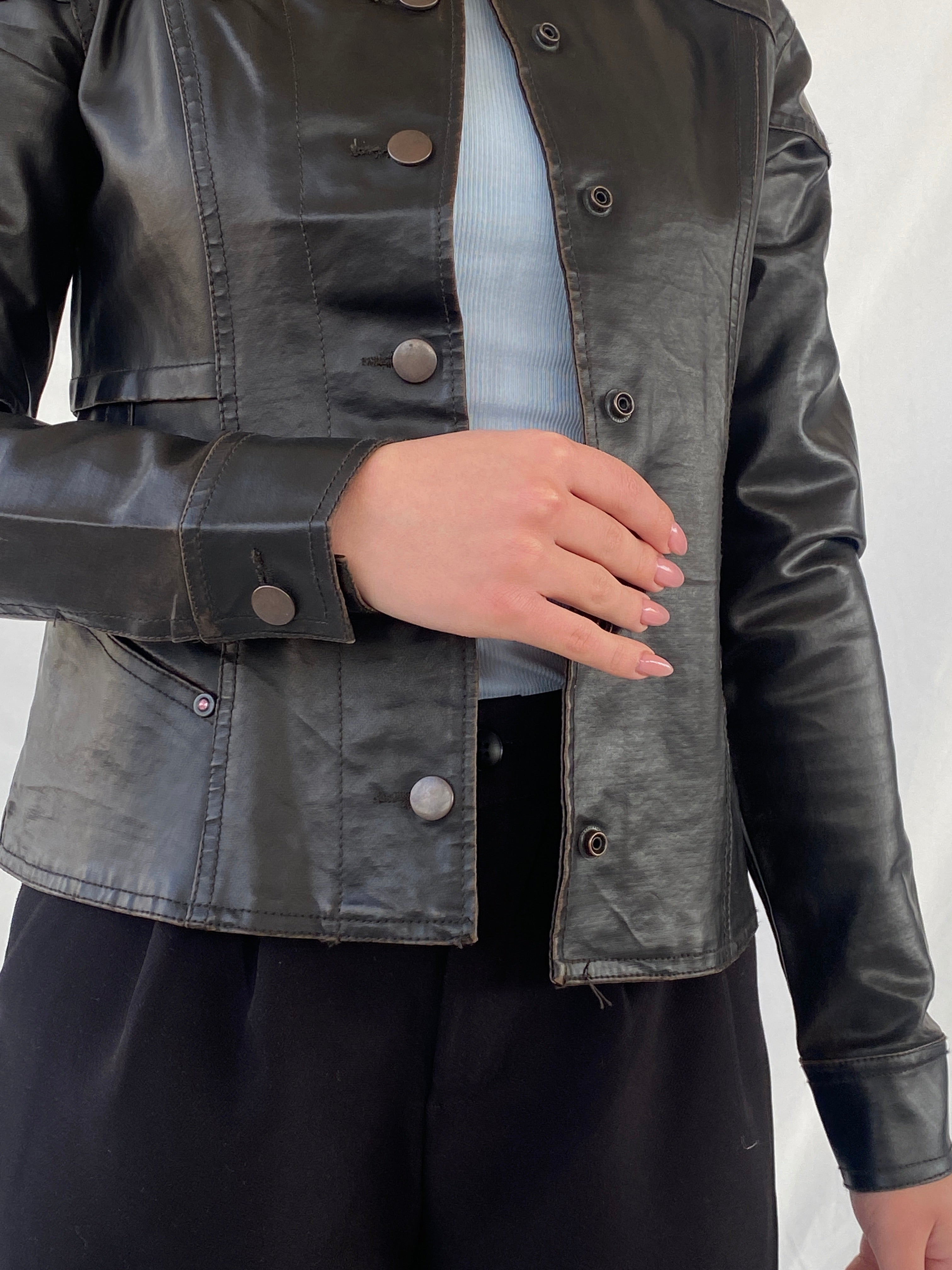 Vintage Distressed Black Structured Leather Clip Up Jacket - XS