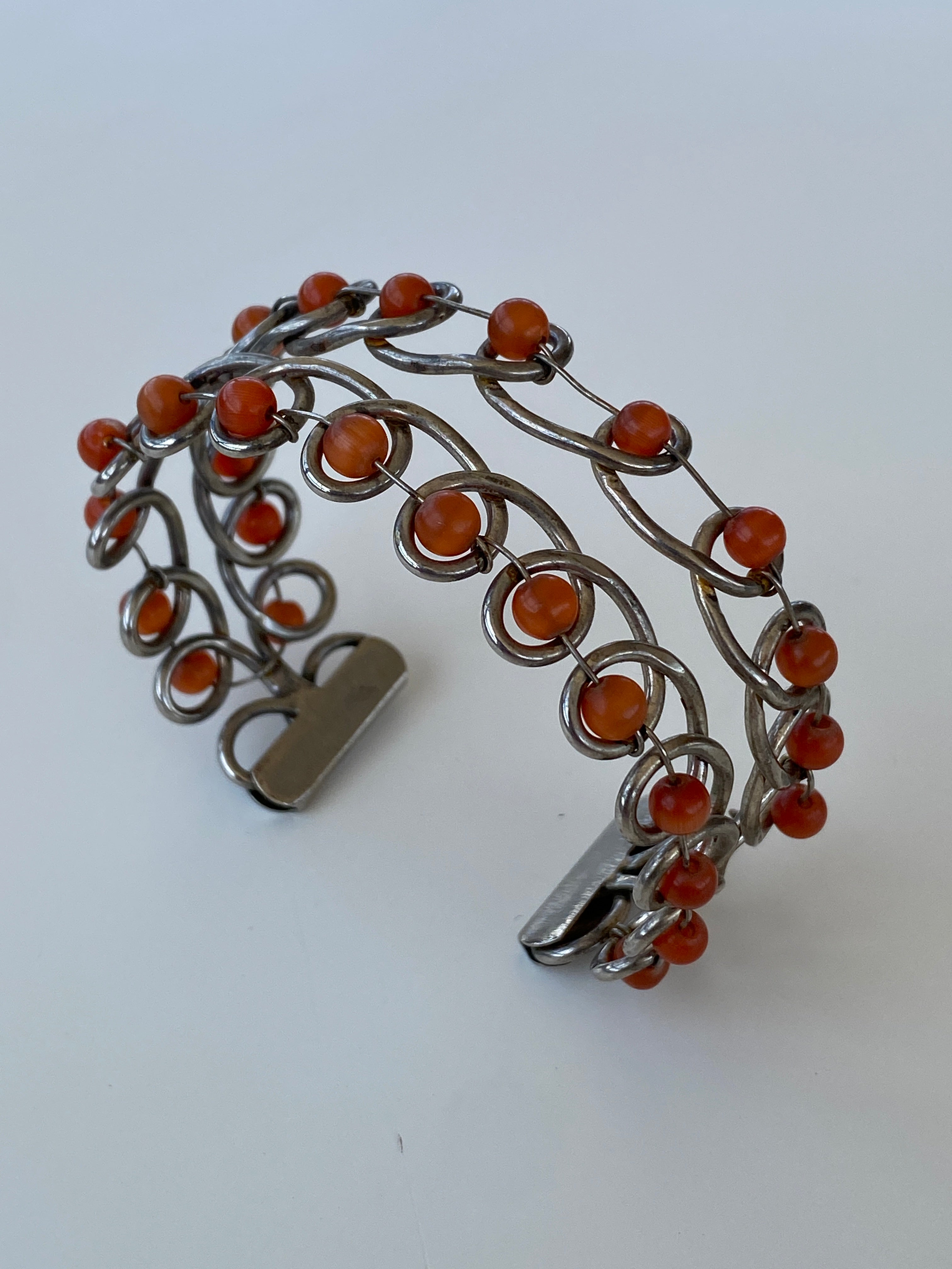 Vintage Wire Wrapped Bracelet with Orange Glass Beads – Retro Boho Jewelry